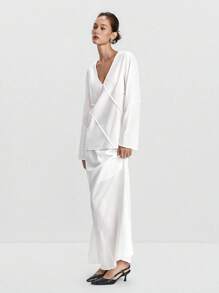 Lumivelle 女式秋季长袖拼布结构上衣和裙子两件套 - 白色 - 查看 6