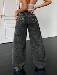 SHEIN PETITE 90年代女款基礎休閒寬鬆藍色牛仔褲 蝴蝶結牛仔褲 返校牛仔褲 韓系時尚 寬鬆女牛仔褲 蝴蝶結牛仔褲 高個女款/嬌小女款 - 黑色 - 查看 7