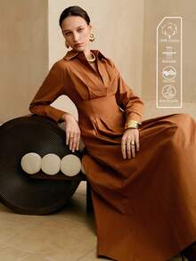 Aveloria Women's Half-Open Shirt Collar, Waist Pleated Design, Daily Workplace Commuting Casual Dress Toffee Color Shirt Dress Teacher Outfits For Women Business Casual Woman Office Outfits For Women Work Outfits For Women Work Dresses For Women Fall Women Clothes Fall Outfits Women Fall Autumn Clothes Maillard Style