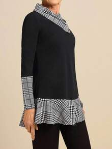 SHEIN LUNE 围脖领束腰外衣 长袖拼布 A 字形上衣 - 黑與白 - 查看 3