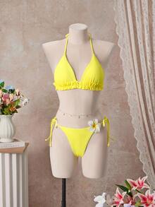 SHEIN Swim 2pcs/Set Women's Sweet Ruffled Bikini & Lace Skirt Beach Vacation Set - Yellow - View 4