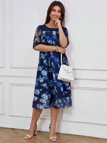 Miaspire Women Floral Print Lace Patchwork Elegant Long Dress Mothers Day Outfit Gift For Mom,Old Money Style Women - Blue - View 4