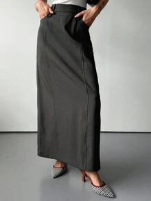 DAZY Women's Solid Color Straight Long Skirt With Slit, Casual Autumn/Winter Skirt