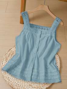 Rusticease 女士纯色蕾丝拼布方领无袖衬衫，夏季