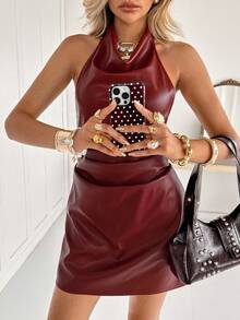 Siren Gaze Women's Fashionable Sexy Halter Red PU Plunging Neck Backless Dress