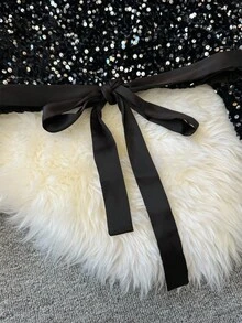 SHEIN LUNE 女士休闲圆领亮片拼接缎带派对衬衫亮片上衣闪光上衣闪亮上衣女式亮片上衣秋季女装冬季女装长袖上衣外出上衣女士商务休闲黑色上衣亮片上衣派对上衣优雅女士衬衫，休闲 - 黑色 - 查看 3