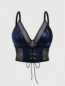 ROMWE Goth Halloween Gothic Mesh Patchwork Lace-Up Plus Size Women Leather Suspender