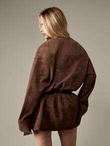 MISSGUIDED Suede Long Sleeve Mini Dress Winter Fall Wrap Front Party Evening Belt Buckle Detail Belted Deep V Neck Oversized Short Dress Brown - Coffee Brown - View 2