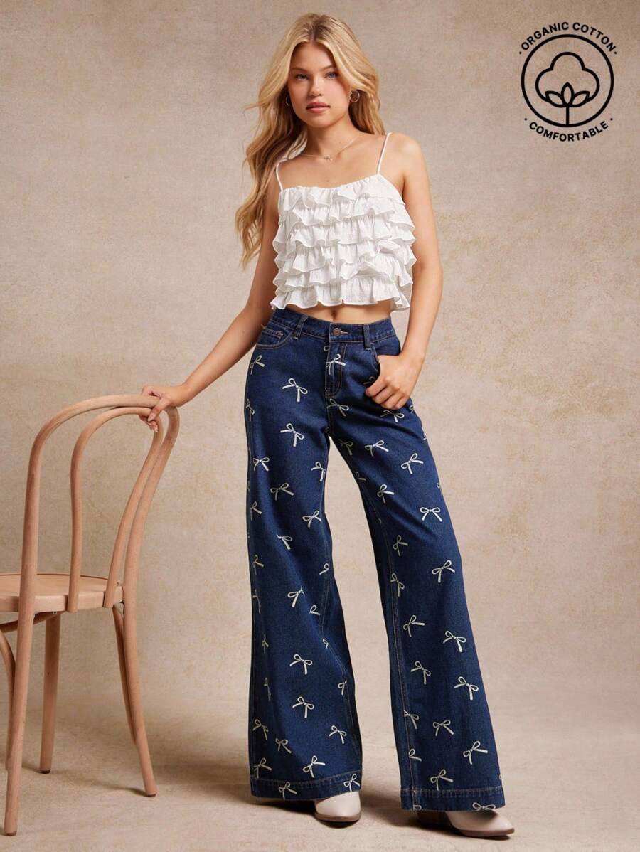 WESTFADE 中腰蝴蝶结印花棉混纺牛仔宽松阔腿牛仔裤 夏季纳什维尔女牛仔风 - 深色水洗藍 - 查看 1