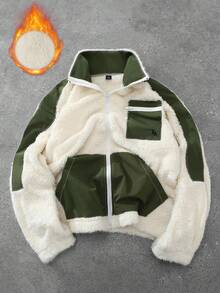 Claim Dot 男士时尚休闲针织拼接羊羔绒外套，拼接设计，舒适保暖面料，实用口袋，适合时尚日常休闲穿着、户外活动、休闲运动、节日礼物、男友礼物、秋冬季长袖上衣 - 米色 - 查看 3