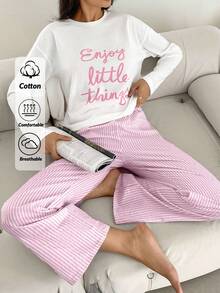 RueChic 100%Cotton Slogan Graphic Tee & Striped Pants PJ Set - Multicolor - View 1