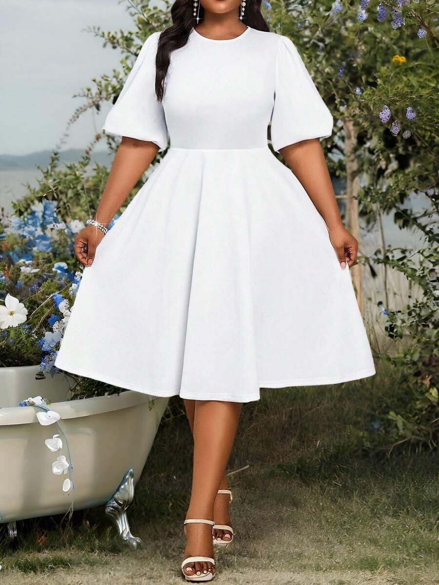 SHEIN Lady Váy chữ A dài tay cỡ lớn thanh lịch mùa xuân và mùa hè, tay áo Bishop màu trắng cho đám cưới ngày lễ tình nhân, tiệc cocktail cỡ lớn, váy dạ hội, váy mùa thu cho phụ nữ, váy ngày lễ, váy trắng, váy nữ thần Hy Lạp, váy tốt nghiệp màu trắng, váy cho sự kiện đám cưới, váy mùa thu, váy sinh nhật cho phụ nữ - trắng - Xem 1