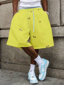 Manfinity Roghcode 男士小狗印花抽绳休闲短裤 - 黃色 - 查看 5