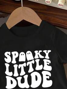SHEIN Baby Boy Casual Loose Comfortable Halloween English Letter Cute Style Cartoon Print Short Sleeve Top, Suitable For Summer - Black - View 4