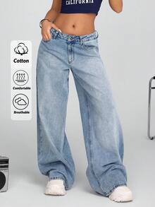 100% 纯棉女式低腰阔腿中号蓝色 Y2K 风格宽松牛仔裤 - 中等水洗藍 - 查看 1