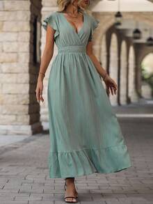 Breezaya 交疊領蝴蝶袖荷葉邊洋裝