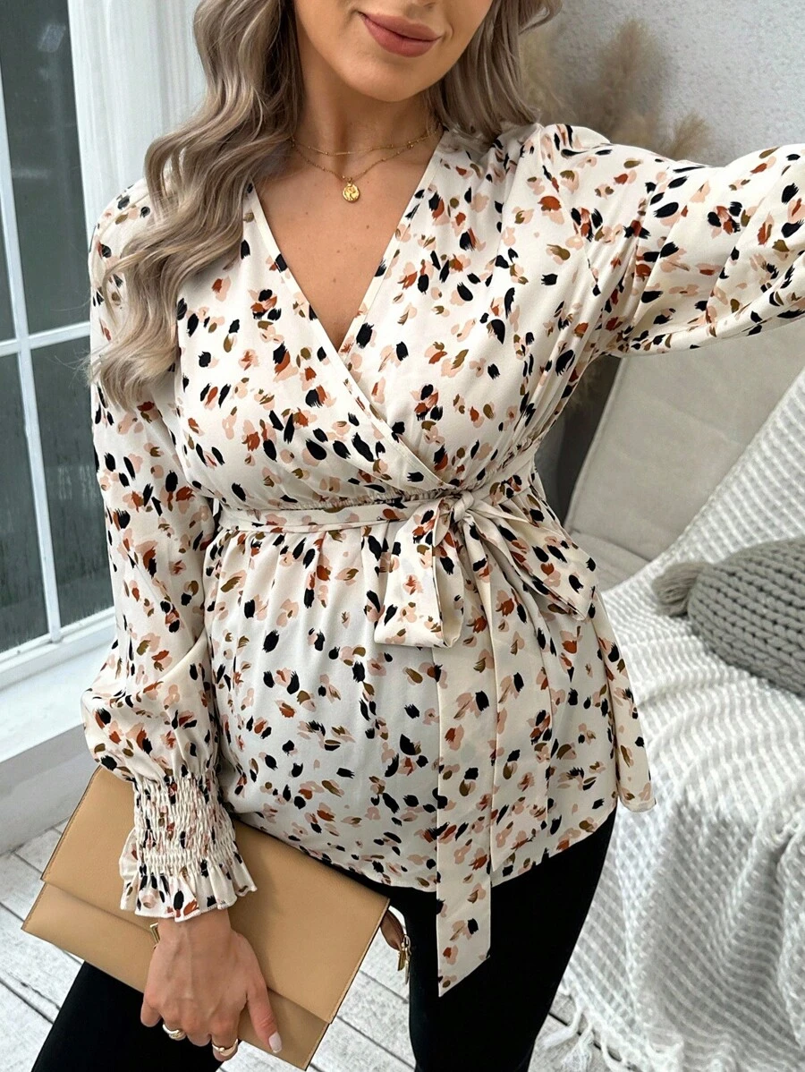 SHEIN Women's Floral Print V-Neck Tie Front Maternity Nursing Top, Autumn - Apricot - View 1