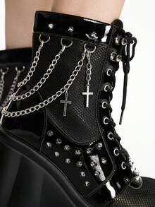 ROMWE Grunge Punk Giày bốt cao đến mắt cá chân mũi tròn màu đen kiểu Goth Punk tối màu thời trang Halloween cho nữ, khóa chéo đinh tán - màu đen - Xem 5