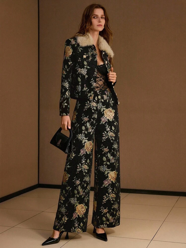 JACQUARD FLORAL PRINT CONTRAST FAUX FUR COLLAR JACKET