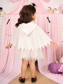 Baby Girl Halloween Cute Expression Print Mesh Patchwork Hooded Dress - White - View 3