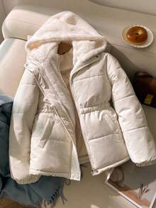 女童修身毛绒拼接加厚拉链连帽派克大衣，米色，温暖，美观，时尚外套