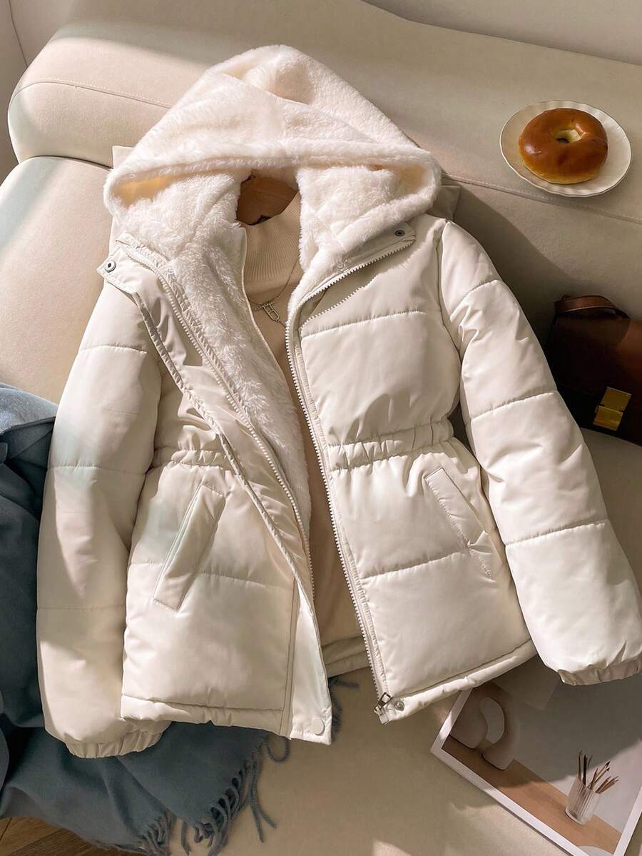 女童修身毛绒拼接加厚拉链连帽派克大衣，米色，温暖，美观，时尚外套