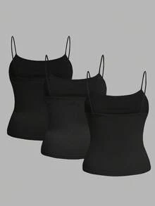 SHEIN EZwear 3pcs Black Plus Size Women's Ruched Side Sleeveless Camisole Tops, Suitable For Summer - Black - View 2