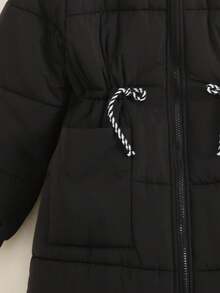 SHEIN 青少年女孩简约舒适百搭宽松纯色高领口袋抽绳腰部可调节连帽绗缝长款棉衣 - 黑色 - 查看 16