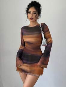 Firerie Plus Size Women's Ombre Gradient Print Backless Flare Sleeve Mini Mesh Sheer Sexy Flare Sleeve Dress, Vacation Dress, Sexy/Vacation/Beach/Romantic/Music Festival/Casual/Music Festival Art Print Gradient Pattern Short Dress With Waist And Back Tie Clothes For Women Abstract Print Dress Slay Diva Dress Curvy Dress Long Sleeve Dresses Curvy Summer Spring - Multicolor - View 8