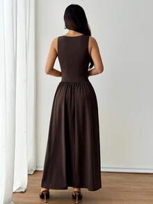 SHEIN PETITE 女式优雅纯色棕色咖啡色方领喇叭连衣裙，春夏 - 棕色 - 查看 2