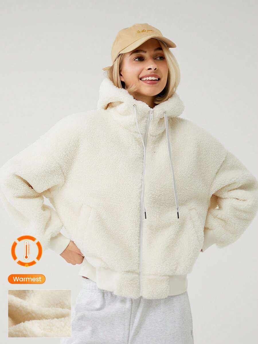 GLOWMODE Cozy Thick Polar Fleece Soft Warm Bomber Adjustable Drawstring Hoodie Windproof Ribbed Hem Cuffs Jacket With Side Pockets Daily Casual Winter - Beige - View 1