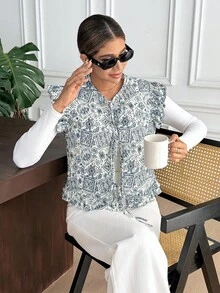 SHEIN Frenchy Women's Floral Print Front Tie Cap Sleeve Fashion Winter Jacket Casual - Multicolor - View 5