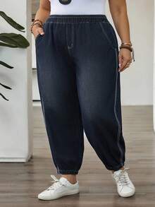 SHEIN CURVE+ Plus Size Washed Drawstring Waist Denim Jeans, Casual Vacation, Spring/Autumn - Blue - View 6