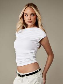 MISSGUIDED 褶皱侧盖袖短款上衣修身夏季必备基本款 T 恤修身休闲简约日常穿着时尚宣言现代设计百搭 - 白色 - 查看 5