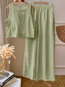 2pcs/Set Women Solid Color Sleeveless Top And Leggings Set