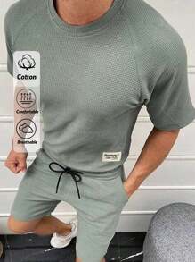 RueChic Men Waffle Fabric Raglan Sleeve Patched Regular T-Shirt Set - Mint Green - View 1