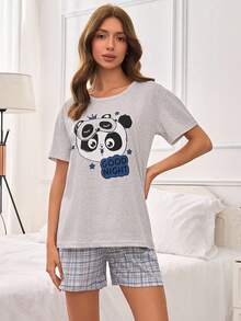 EURMUSE Bộ đồ ngủ cottonline 2 chiếc áo sơ mi tay ngắn in hình gấu trúc cỡ lớn và quần ngủ in hình kẻ caro - Xám - Xem 3