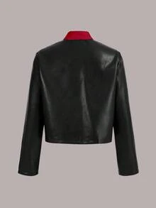 SHEIN EZwear Áo khoác thường ngày dài tay màu tương phản cỡ lớn dành cho nữ có khóa kéo - Đỏ - Xem 3