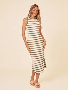 Coeurva Black & White Striped Slim-Fit Side Slit Midi Dress, Casual Summer Holiday/Office Wear - Khaki - View 5