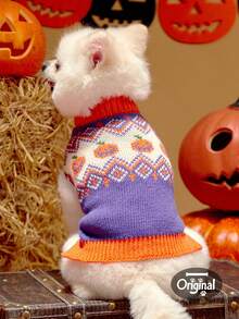 1 件宠物猫狗通用万圣节紫色南瓜几何提花针织高领弹力舒适保暖狗毛衣，PETSIN 原创设计 - 彩色 - 查看 2