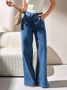 CLARA VERO 高腰开衩直筒牛仔裤 - 深色水洗藍 - 查看 2