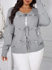 Reflora Curve Plus Size Women's Casual Daily Gray Butterfly Decoration Dropped Shoulder Long Sleeve Knitted Cardigan, Comfortable, Soft And Warm, Gray Long-Sleeved Lantern Sleeves Comfortable And Soft Waist Lotus Leaf Daily Casual Sweater, Suitable For Multiple Occasions,Halloween,Christmas,2025 New, Suitable For Multiple Occasions, Chic, Christmas - Grey - View 6