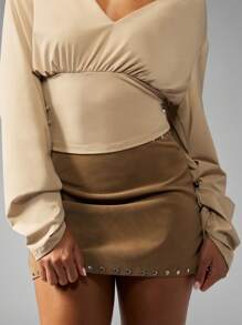 MISSGUIDED Langarm V-Ausschnitt gerafftes Empire Taille Bluse, elegante Taille Raffung Top für besondere Anlässe, Herbst-Winter Mode Statement-Piece - Khaki - Übersicht 4