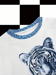 Shutterstock White Patchwork Tiger Animal Print Leopard Denim Texture Dark Street Chic Y2K Casual Women Pullover Sweatshirt, Suitable For Autumn/Winter, Party, Daily Wear Tiger Sweatshirts Graphic Sweatshirts Animal Print Sweatshirts Blue And Blue And White Sweatshirts - White - View 3