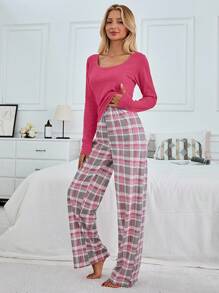 EURMUSE Cotton Plus 2Pcs Long Sleeve Shirt And Plaid Printed Long Pants Lounge Set - Pink - View 5