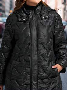 SHEIN Clasi 大码女式羽绒服，优雅黑色带口袋羽绒服，中长款羽绒服，带帽羽绒服，秋冬长款女式外套，长款绗缝夹克，冬季女式长款外套，女式羽绒服