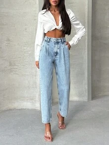 EURMUSE 100%纯棉女式高腰口袋锥形休闲百搭牛仔裤 - 中等水洗藍 - 查看 4