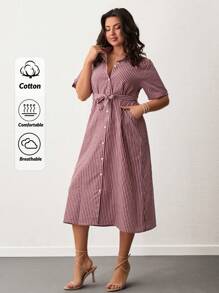 SHEIN Cottnline Váy kẻ sọc cỡ lớn - Màu Đỏ Sâu - Xem 1