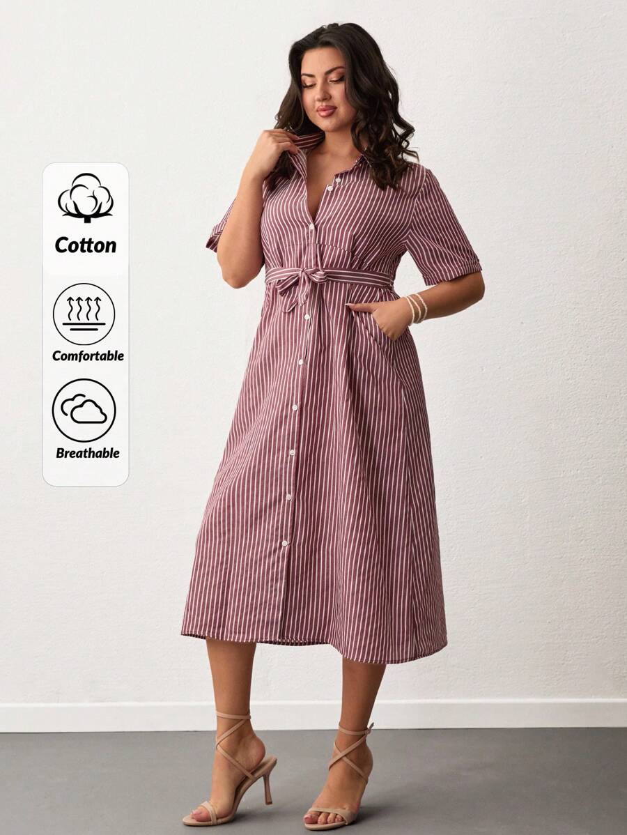 SHEIN Cottnline Váy kẻ sọc cỡ lớn - Màu Đỏ Sâu - Xem 1