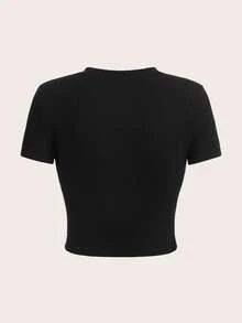 Slaydiva 休闲简约亮片水钻十字印花圆领短袖修身露脐女式T恤，棉混纺面料，适合夏季穿着 - 黑色 - 查看 2